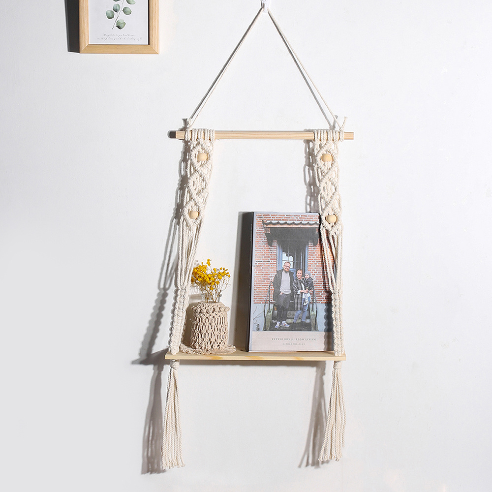 Handmade Cotton Macrame Wall Hanging Plant Flower Hanger Pot Holder Macrame Wooden Floating Shelves Indoor Decoration