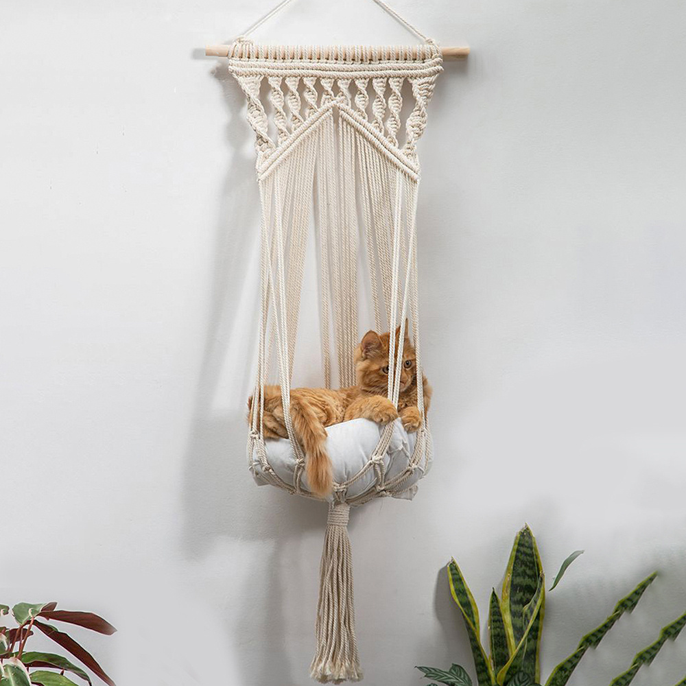 Artilady  Macrame Cat Hammock Macrame Hanging Swing Cat Dog Pet Bed for Indoor Cats Hand-Woven Hanging Basket