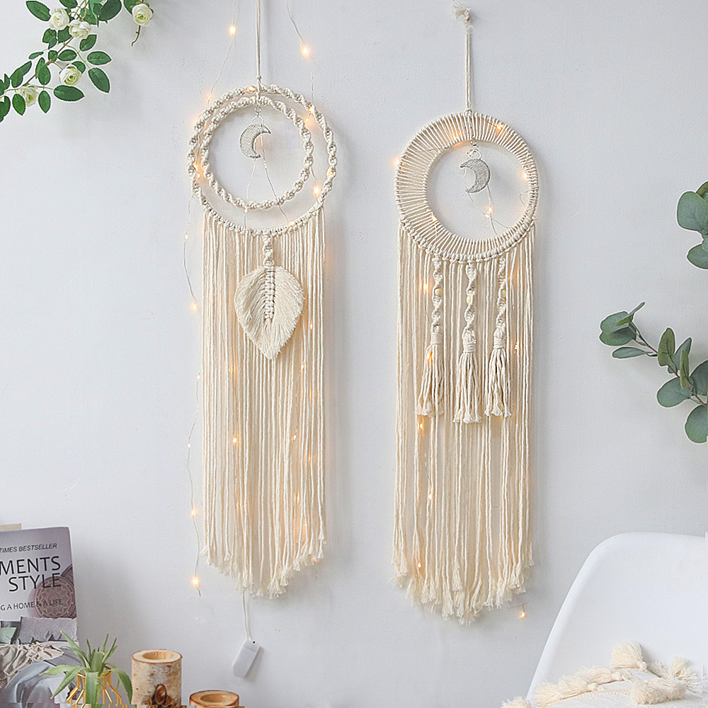 Handmade Macrame White Dreamcatcher Dream Catcher Tapestry Moon Charm Pendant Boho Led Wall Hangings Decor Online Decor