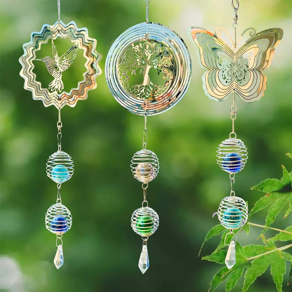 3D Stainless Steel Wind Spinners Bearing Rotation Hummingbird Butterfly Tree Of Life Sun Catcher Crystal Ball Wind Chimes