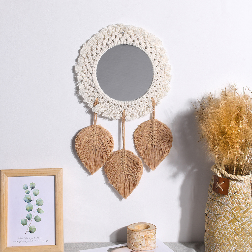 Nordic Bohemia Rattan Round Handmade Large Macrame Fringe Tapestry Cotton Makeup Porch Wall Mirror Chic Boho Room Decor