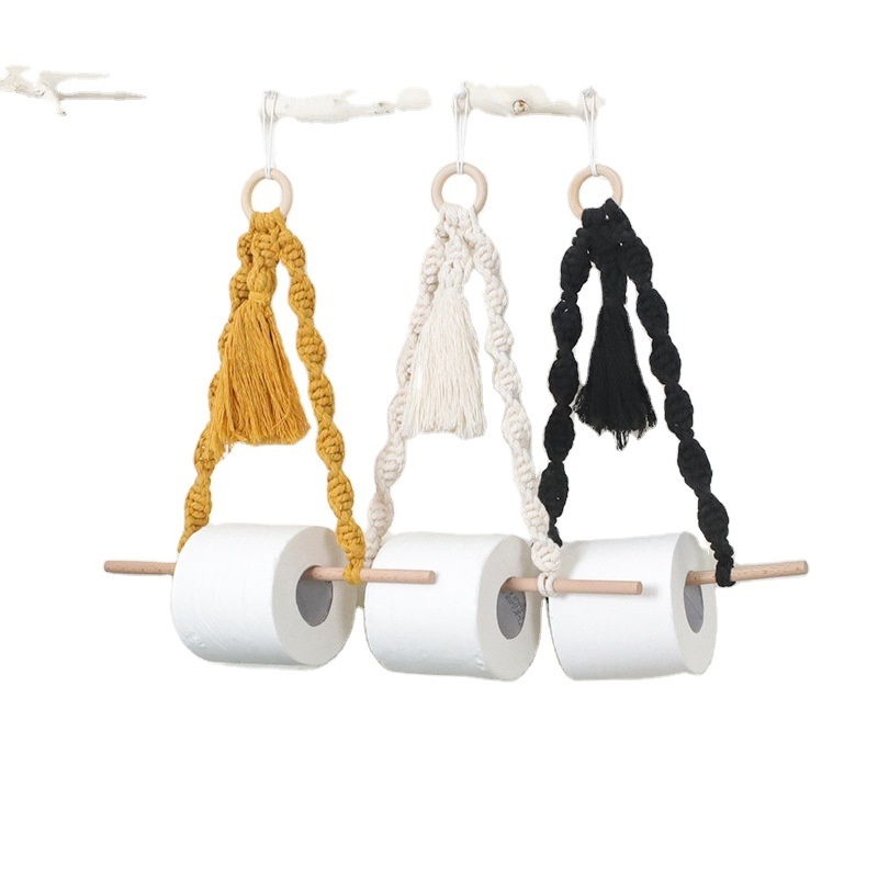 Artilady Boho Toilet Paper Holder Dispenser Hand-woven Tapestry Macrame Wall Hanging Bathroom Towel Rack Decoration