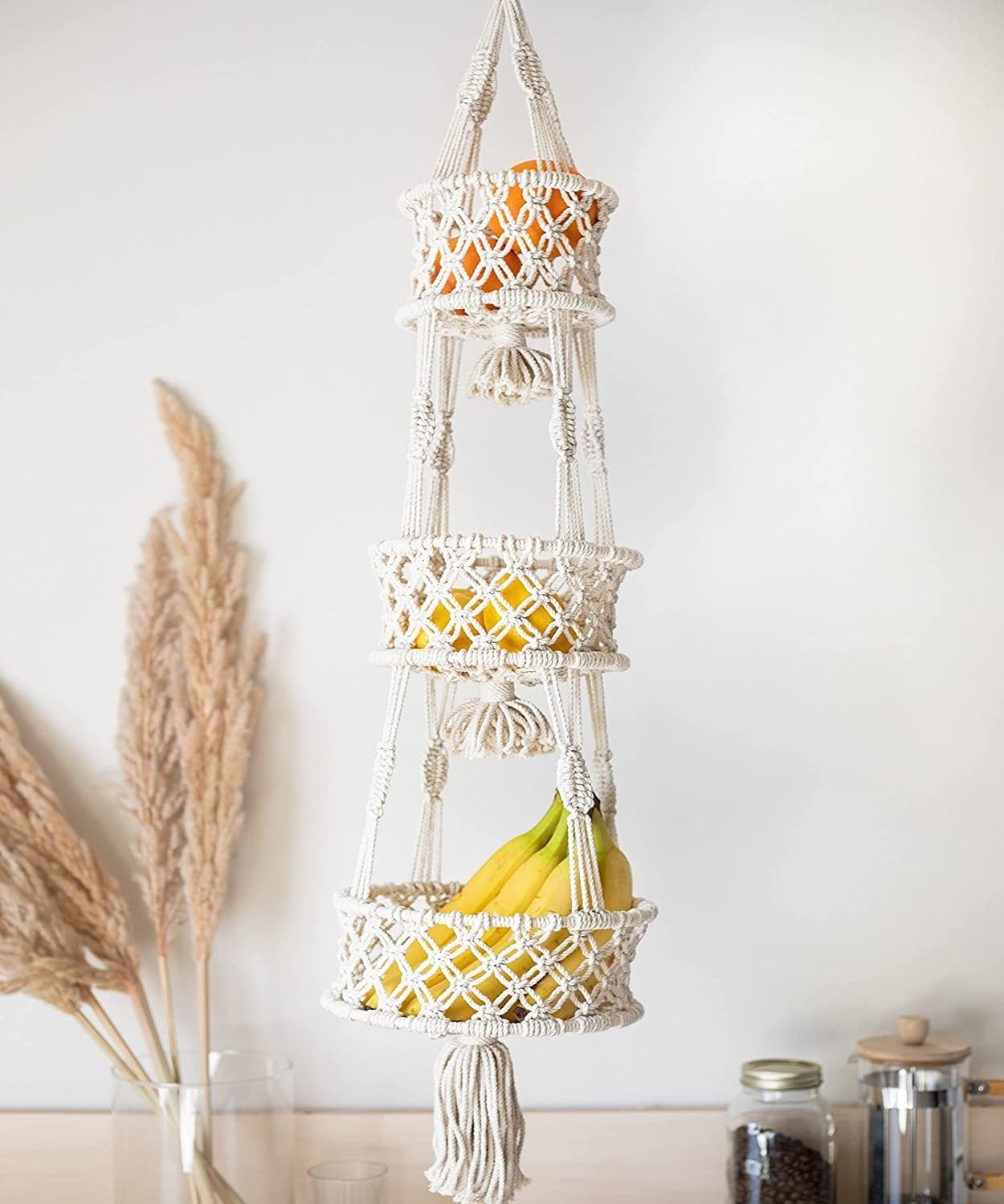 3 Tier Macrame Hanging Basket Boho Home Decor Flower Plant Holder Hanging Fruit Basket for Kitchen Indoor Outdoor Decorative