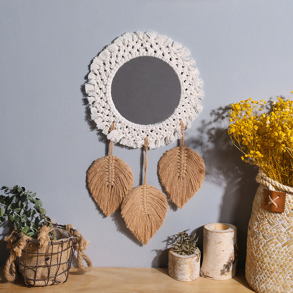 Nordic Bohemia Rattan Round Handmade Large Macrame Fringe Tapestry Cotton Makeup Porch Wall Mirror Chic Boho Room Decor