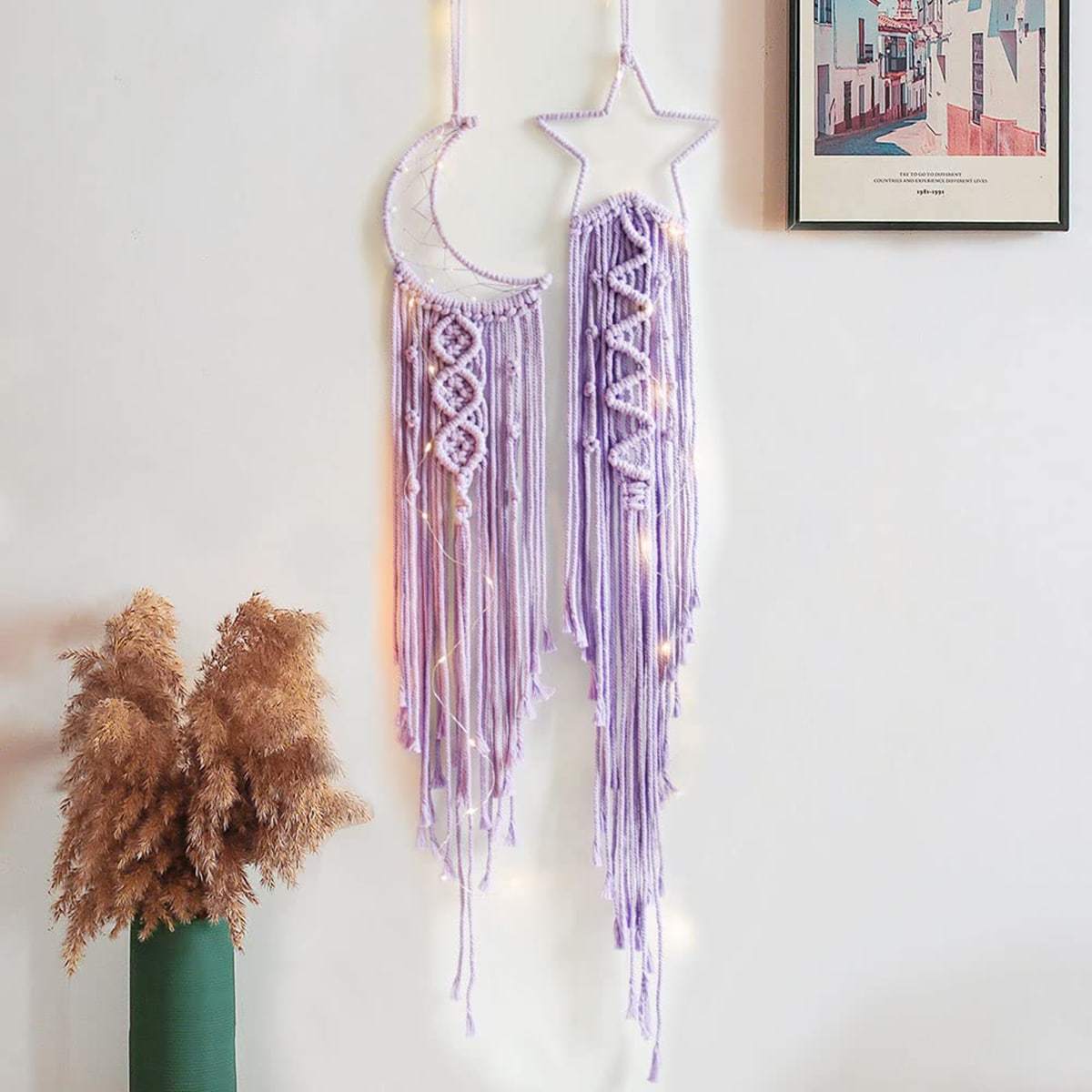 2PCS Moon Star Dream Catchers Wall Decor With LED String Lights Handmade Macrame Woven Wall Hanging Boho Dream Catcher For Girls