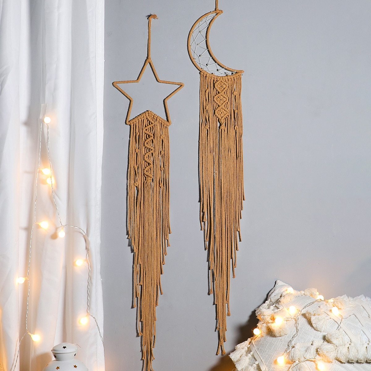 2PCS Moon Star Dream Catchers Wall Decor With LED String Lights Handmade Macrame Woven Wall Hanging Boho Dream Catcher For Girls