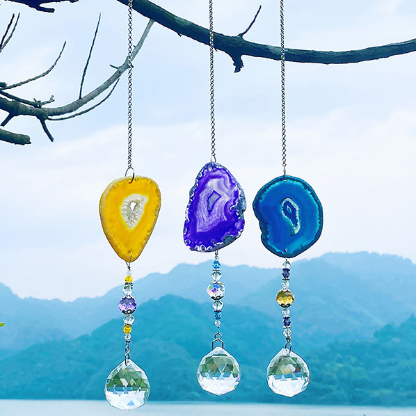 Artilady Wall Art wind charms Car Hanging Wind Chime Ornaments Glass Crystal Ball Prism With Agate Slice For garden decoration