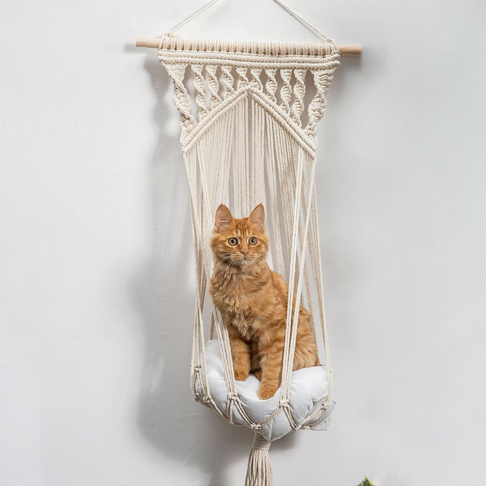 Artilady  Macrame Cat Hammock Macrame Hanging Swing Cat Dog Pet Bed for Indoor Cats Hand-Woven Hanging Basket