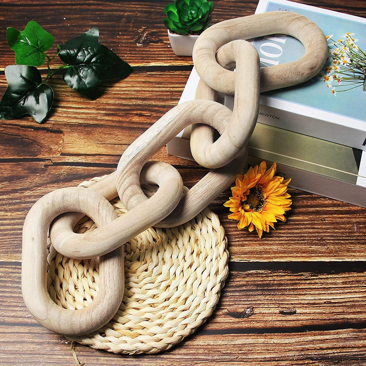 Boho Polished Raw Wood Chain Link Knot Decoration Wooden Home Itemes Panel Decore Interior Decor For Walls