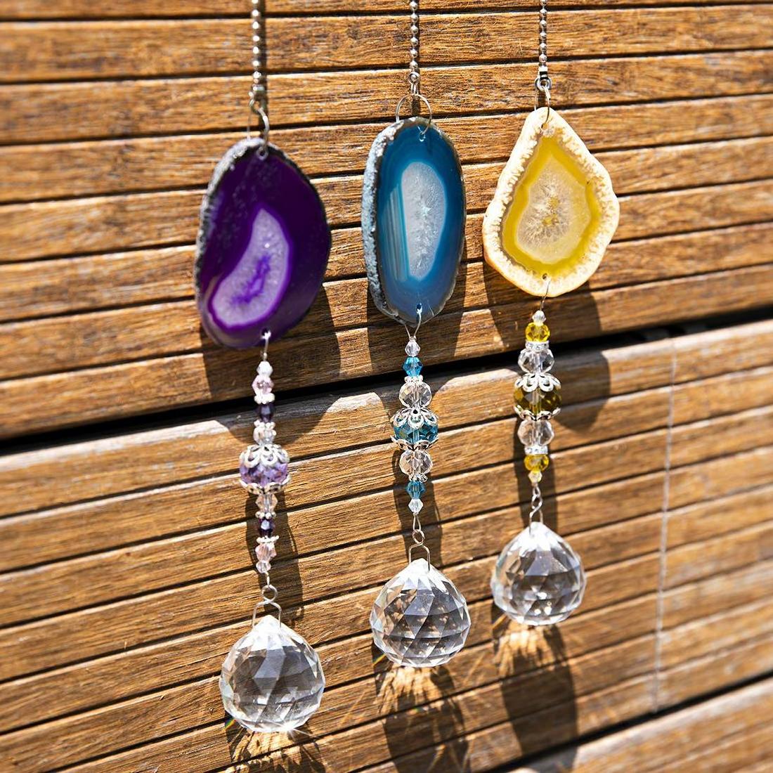 Artilady Wall Art wind charms Car Hanging Wind Chime Ornaments Glass Crystal Ball Prism With Agate Slice For garden decoration