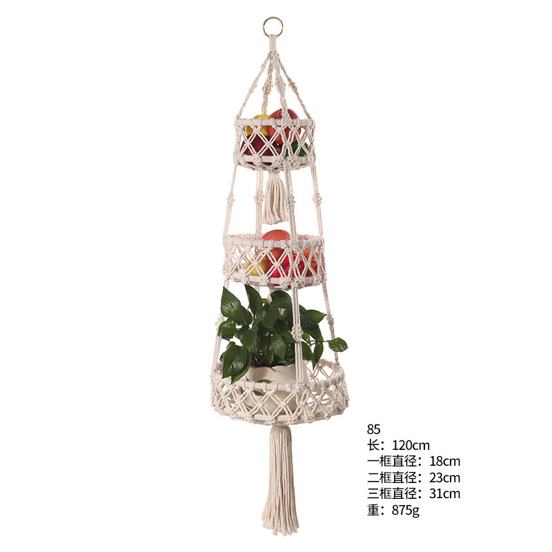 3 Tier Macrame Hanging Basket Boho Home Decor Flower Plant Holder Hanging Fruit Basket for Kitchen Indoor Outdoor Decorative