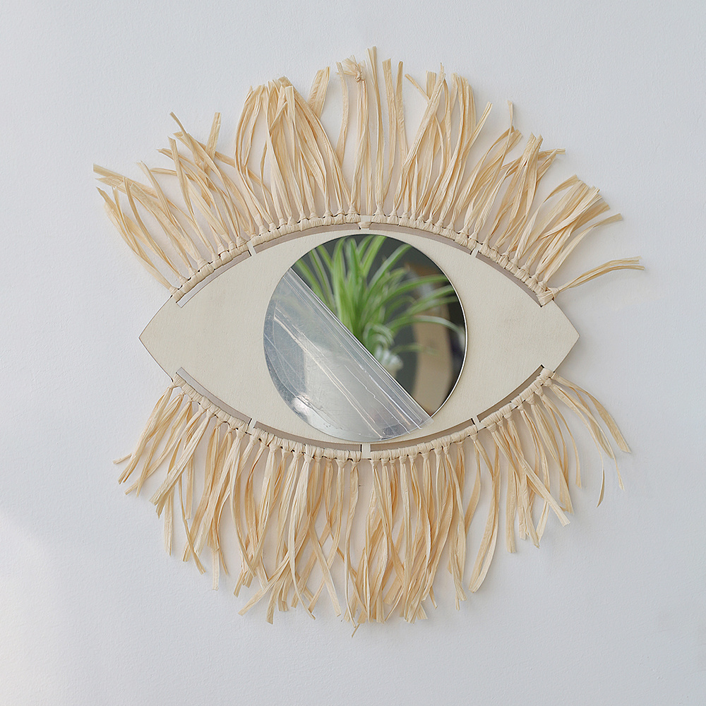 Boho Chic Vanity Nursery Handmade Woven Fabric Wall Hanging Rattan EYE Makeup Mirror Home Fall Decor Baby Bedroom Decoration