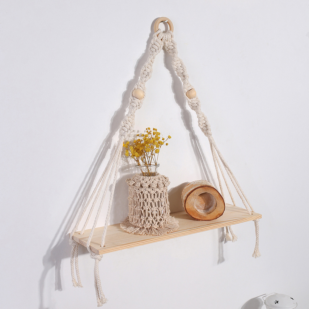 Boho Handmade Cotton Wall Tapestry Pot Plant Stand Hanger Wood Candle Holder Shelf Hanging Macrame Indoor Modern Home Decor