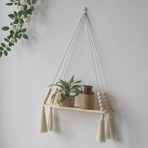 Handmade Cotton Macrame Wall Hanging Plant Flower Hanger Pot Holder Macrame Wooden Floating Shelves Indoor Decoration