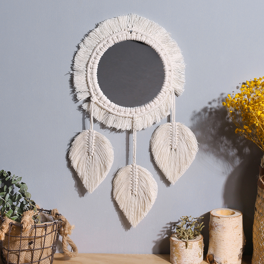 Nordic Bohemia Rattan Round Handmade Large Macrame Fringe Tapestry Cotton Makeup Porch Wall Mirror Chic Boho Room Decor