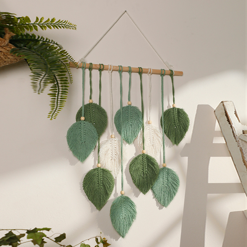 Macrame Leaf Wall Hanging Green Brown Wall Decor For Nursery Hand-Woven Cotton Large Macrame Tapestry Leaves Art Home Decoration