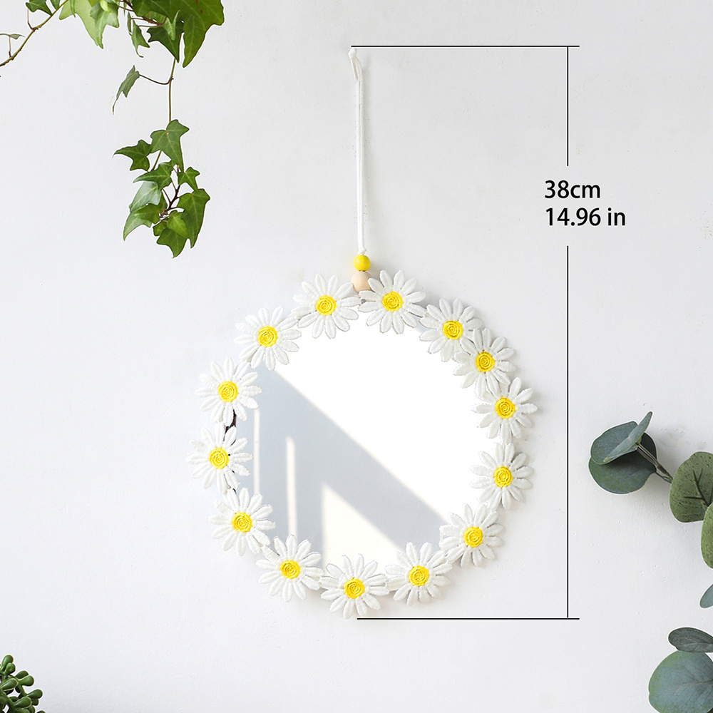 Artilady Boho Handmade Cotton Daisy Mirror Home Accessories Modern Macrame Decor Wall Hanging Tapestry Makeup Mirror for Bedroom