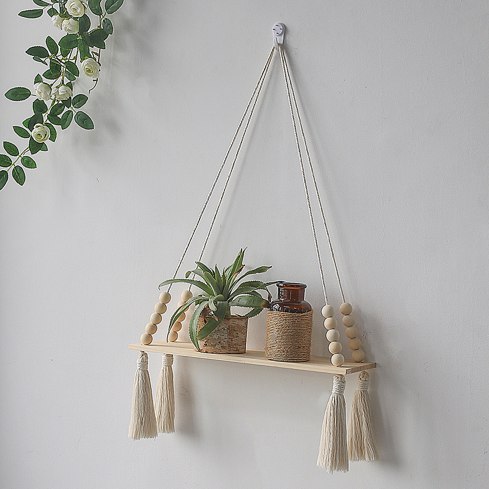 Boho Handmade Cotton Wall Tapestry Pot Plant Stand Hanger Wood Candle Holder Shelf Hanging Macrame Indoor Modern Home Decor