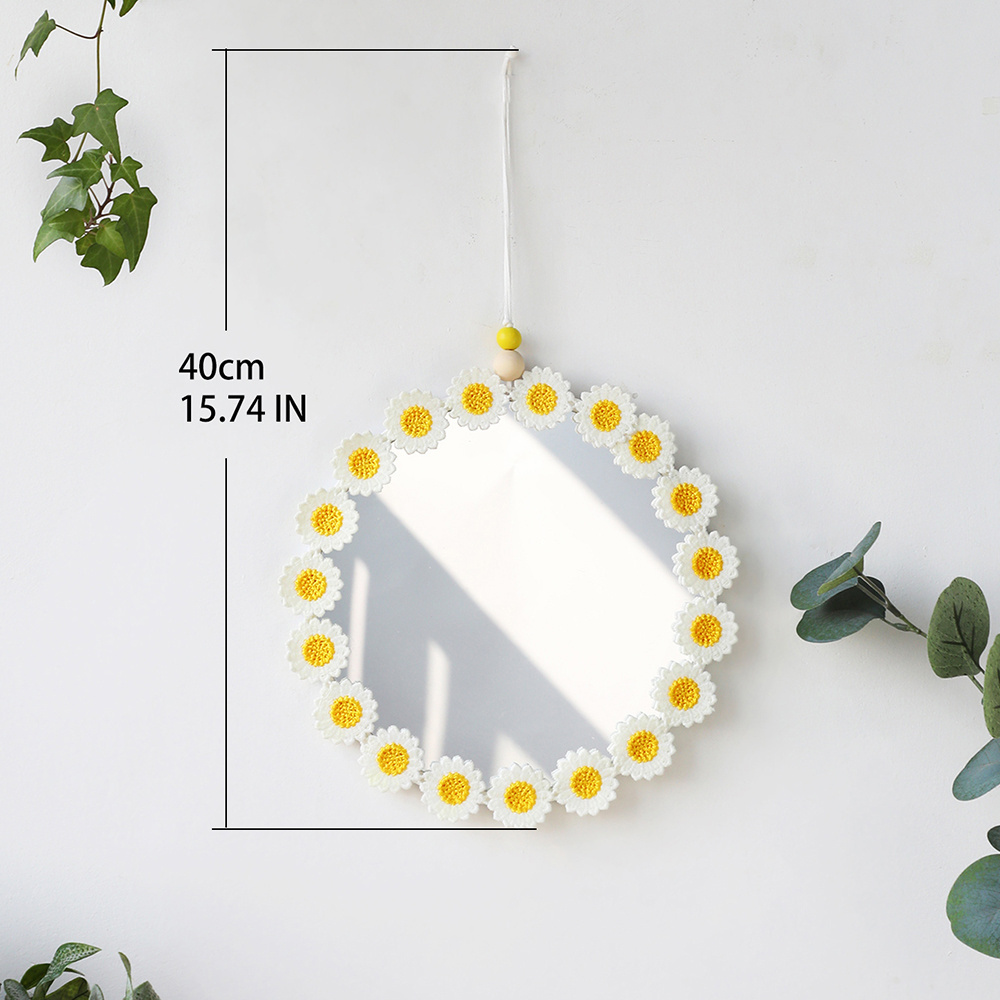 Artilady Boho Handmade Cotton Daisy Mirror Home Accessories Modern Macrame Decor Wall Hanging Tapestry Makeup Mirror for Bedroom