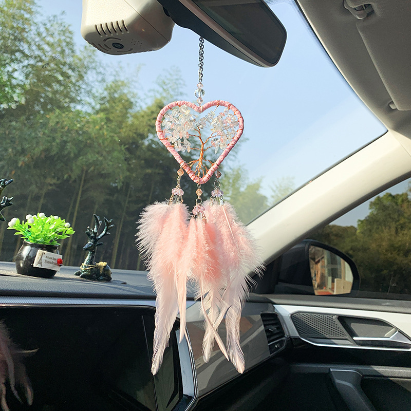 Tree Of Life Dream Catcher Car Hanging Ornament Fengshui Healing Stones Crystal Dream Catcher Feather Wall Hanging Car Decor