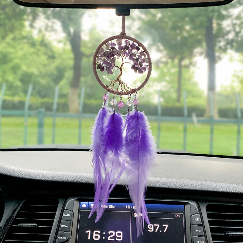 Tree Of Life Dream Catcher Car Hanging Ornament Fengshui Healing Stones Crystal Dream Catcher Feather Wall Hanging Car Decor