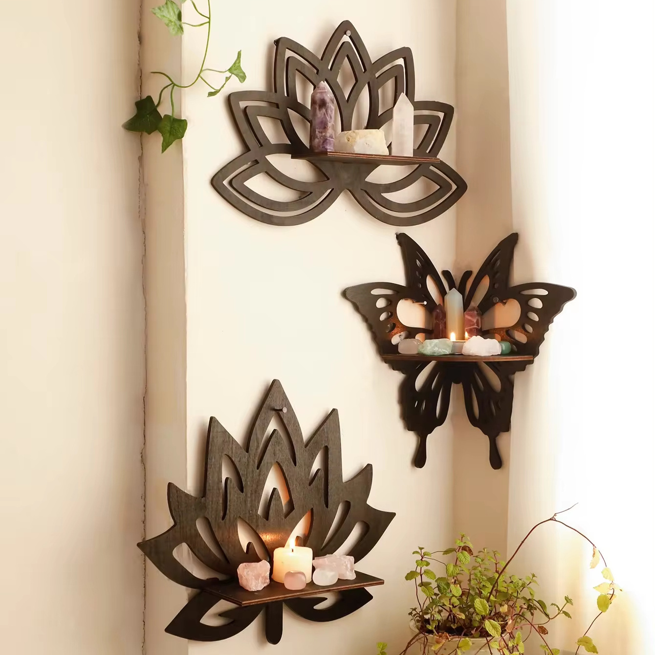 Lotus Crystal Corner Shelf Wooden Butterfly Wall Shelves Crystal Essential Oil Display Stand Witchy Aesthetic Wall Art Decor