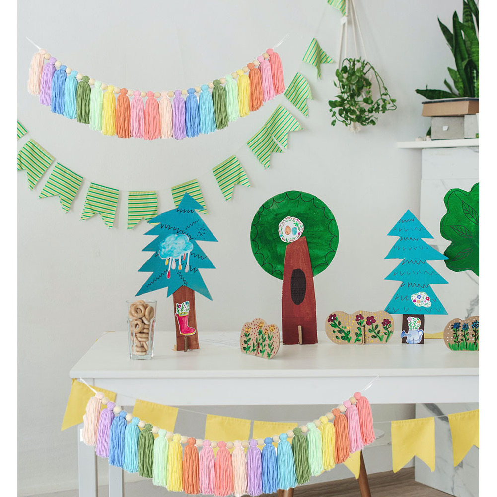 Christmas Rustic Farmhouse Party Wood Bead Colorful Yarn Linen Macrame Tassel Garland Cotton Boho Kitchen Fall Decor