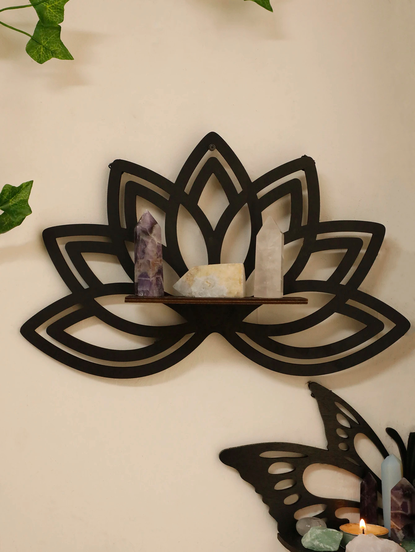 Lotus Crystal Corner Shelf Wooden Butterfly Wall Shelves Crystal Essential Oil Display Stand Witchy Aesthetic Wall Art Decor