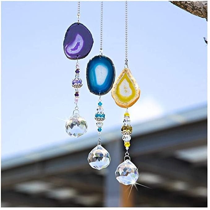 Artilady Wall Art wind charms Car Hanging Wind Chime Ornaments Glass Crystal Ball Prism With Agate Slice For garden decoration