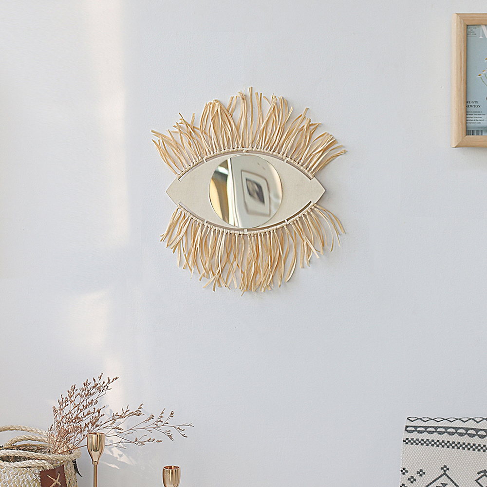 Boho Chic Vanity Nursery Handmade Woven Fabric Wall Hanging Rattan EYE Makeup Mirror Home Fall Decor Baby Bedroom Decoration