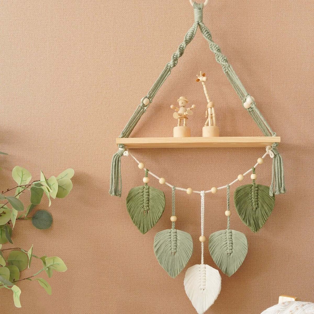 Nordic Boho Macrame Wooden Wall Shelf Handmade Green Leaf Tapestry Floating Shelves Wall Art Organizer Nursery Living Room Decor