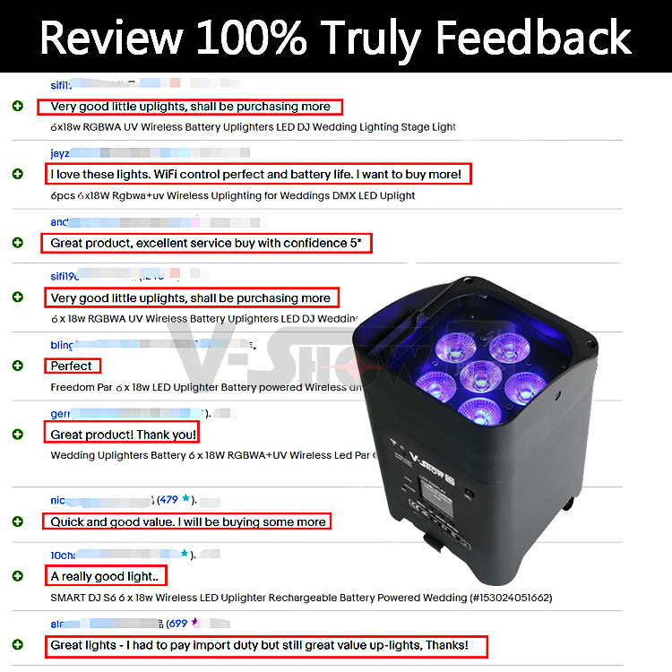 VSHOW WBRF0606 6PCS 18w battery powered wireless dmx wifi control remote control led up light led small par 8pcs with case