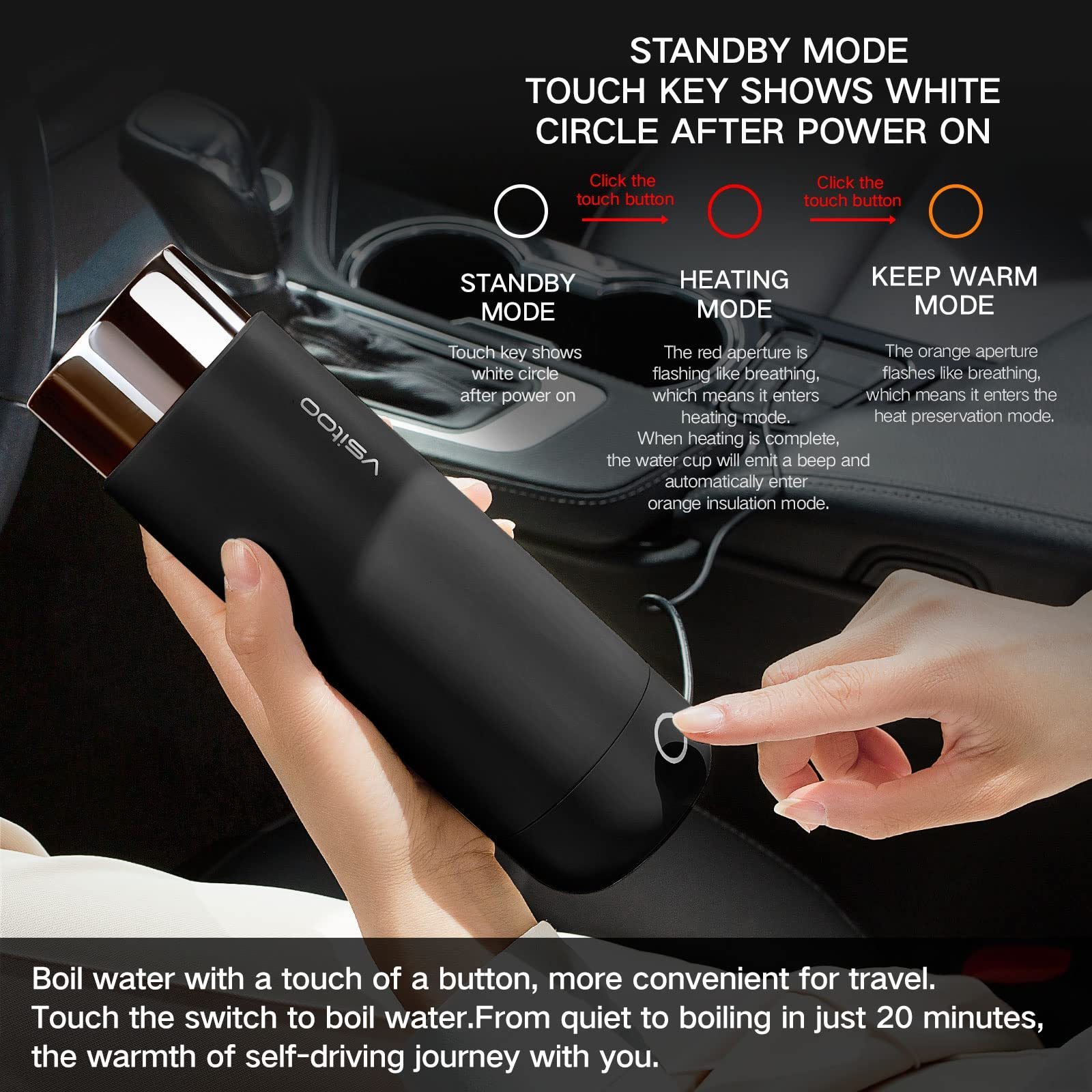 Vsitoo 350ml App Control Temperature Travel Mug Portable Electric Tea Coffee Kettle  12V Car Electric Kettle