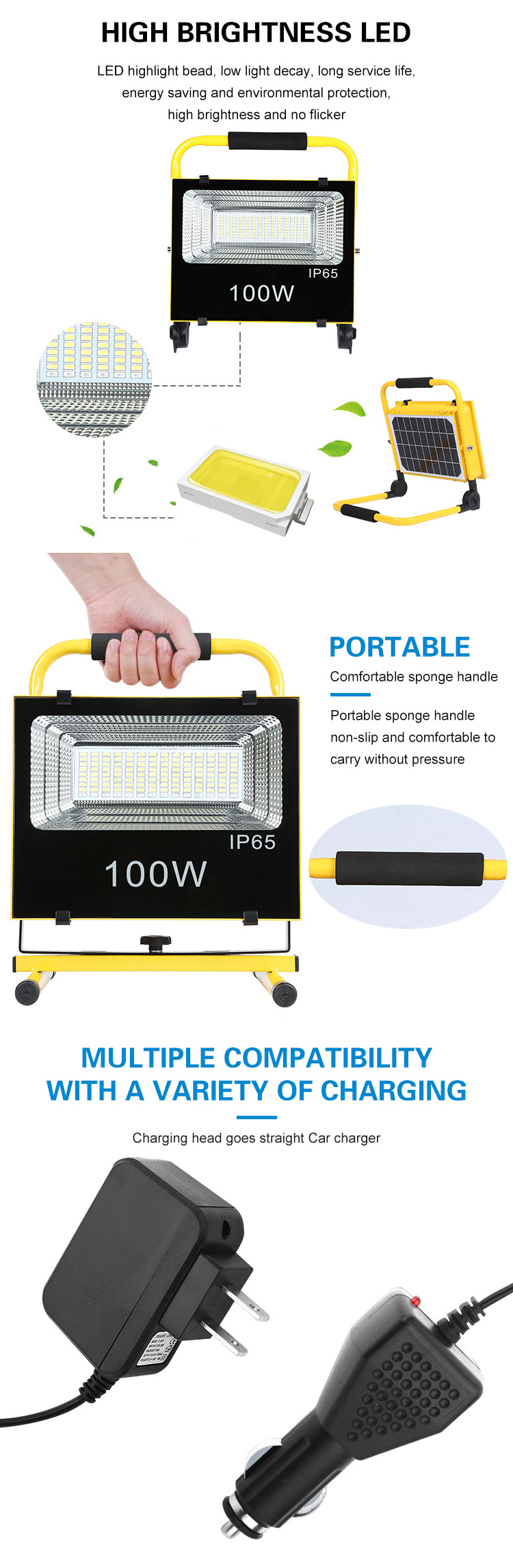 Spotlight 100W LED Outdoor Rechargeable Work Light Camping Emergency Lights Portable Floodlight With Car Charge