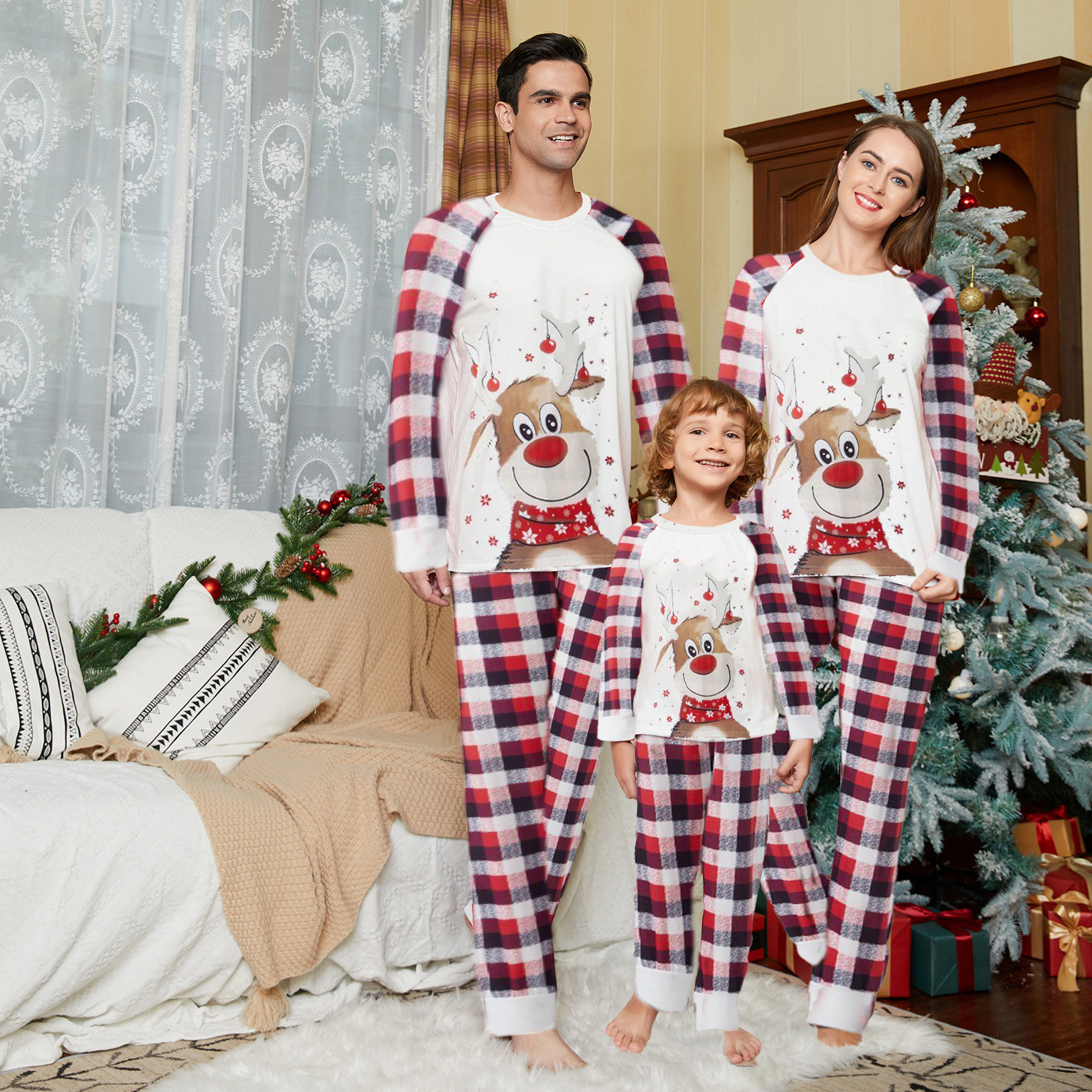 PASUXI Wholesale New Blank Christmas Pajamas Family Printed Long Sleeve Top And Plaid Pants Loungewear