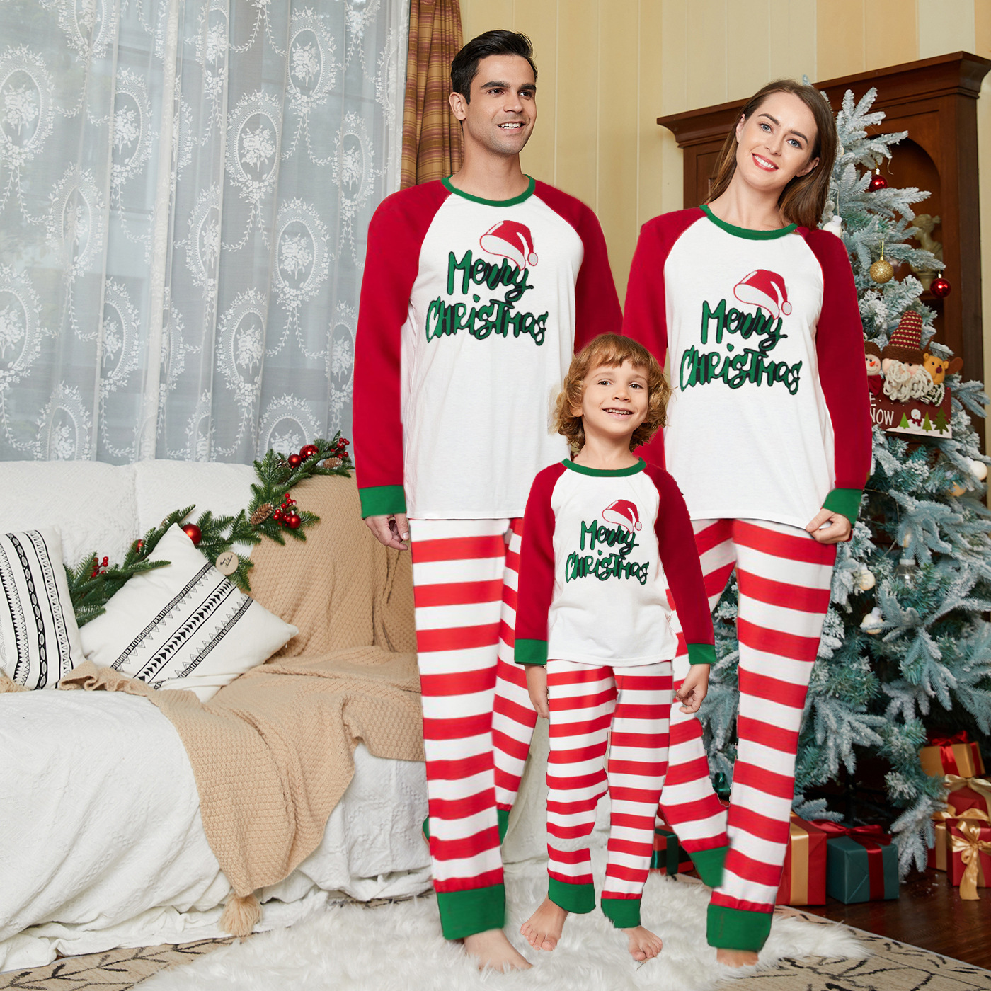 PASUXI Wholesale New Blank Christmas Pajamas Family Printed Long Sleeve Top And Plaid Pants Loungewear