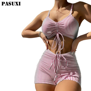 PASUXI Wholesale Fitness Swimwear Set of 2 Sports Boxer Shorts Classic Stripe Women's Beachwear