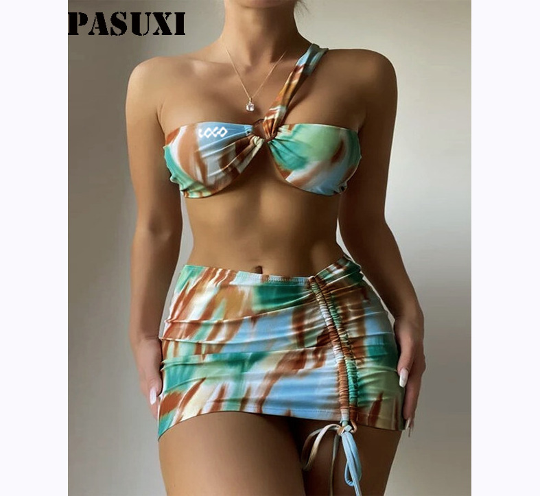 PASUXI 2023 Sexy One Shoulder Bikini Print Extreme Hot Girl Swimming Wear Bathing Suits Three Piece Swimsuit For Women