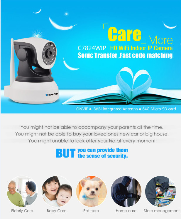 VStarcam C7824WIP HD 1.0 Megapixel Wifi IP Camera wireless p2p sd card recording small ip camera ip camera 2mp