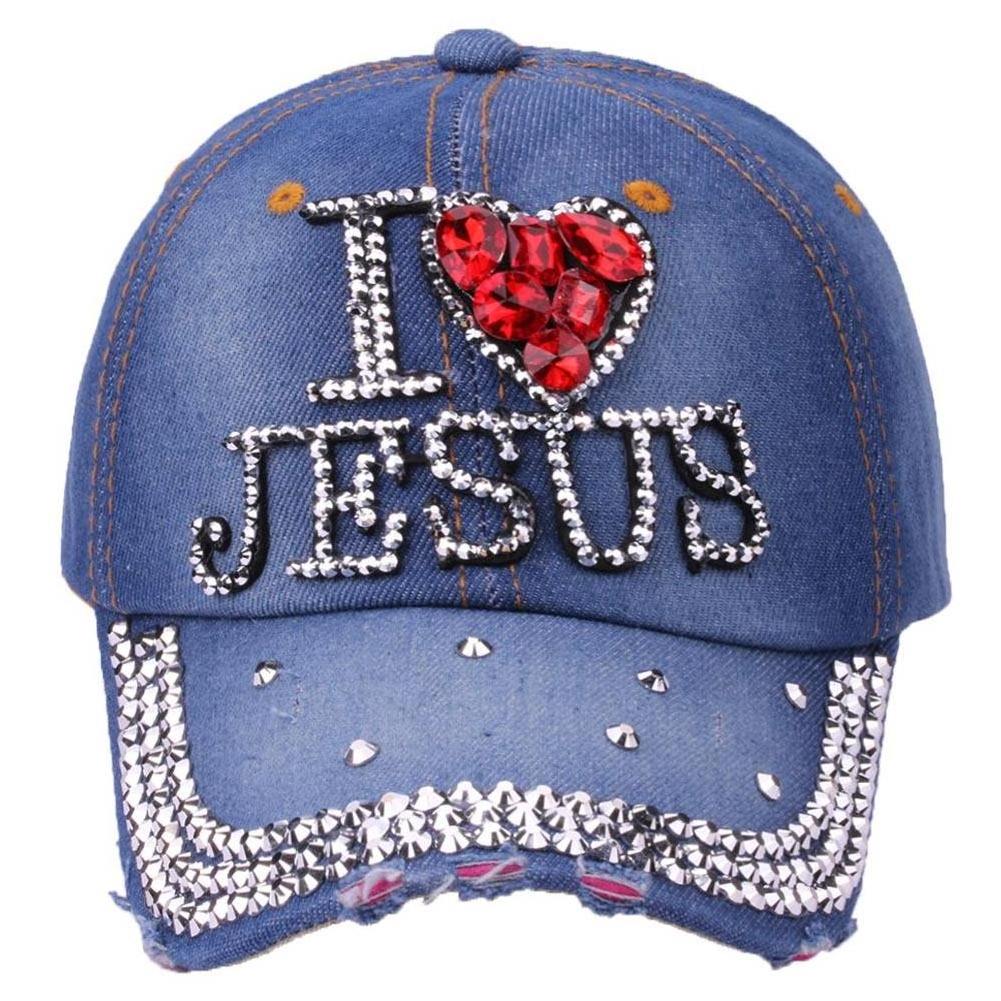 Wholesale Women Denim Baseball Cap I Love Jesus Hats Jesus Letter Rhinestones Bling Hat Rhinestone Caps Jesus Baseball Caps Hats