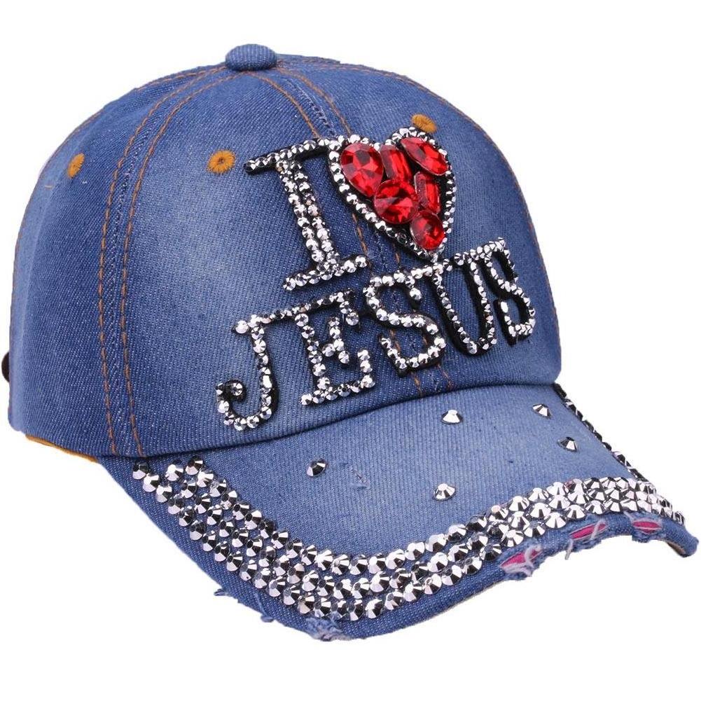 Wholesale Women Denim Baseball Cap I Love Jesus Hats Jesus Letter Rhinestones Bling Hat Rhinestone Caps Jesus Baseball Caps Hats