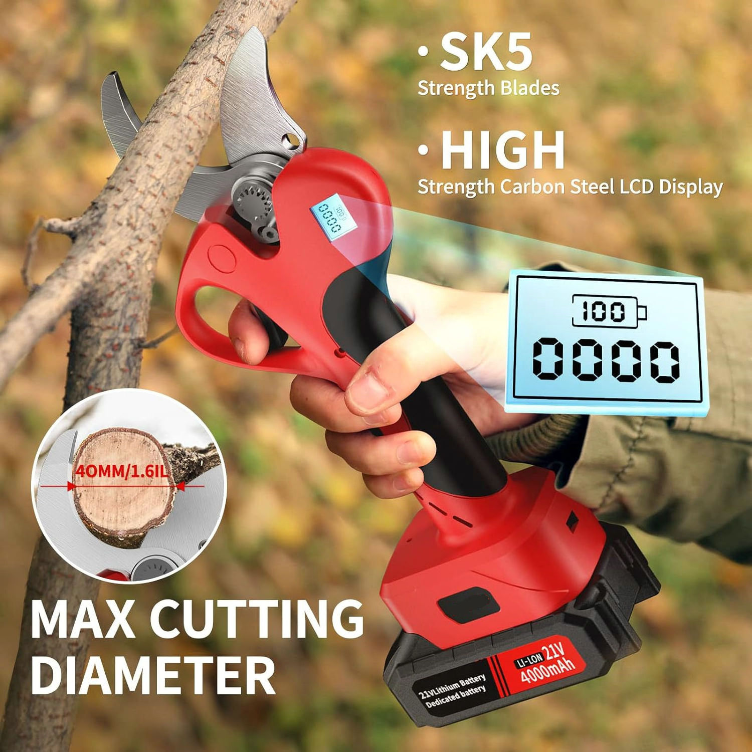 21V  40mm  Cordless Battery Pruning Shears Power Scissors electric Pruning Shear prunner brunch cutter with LCD display