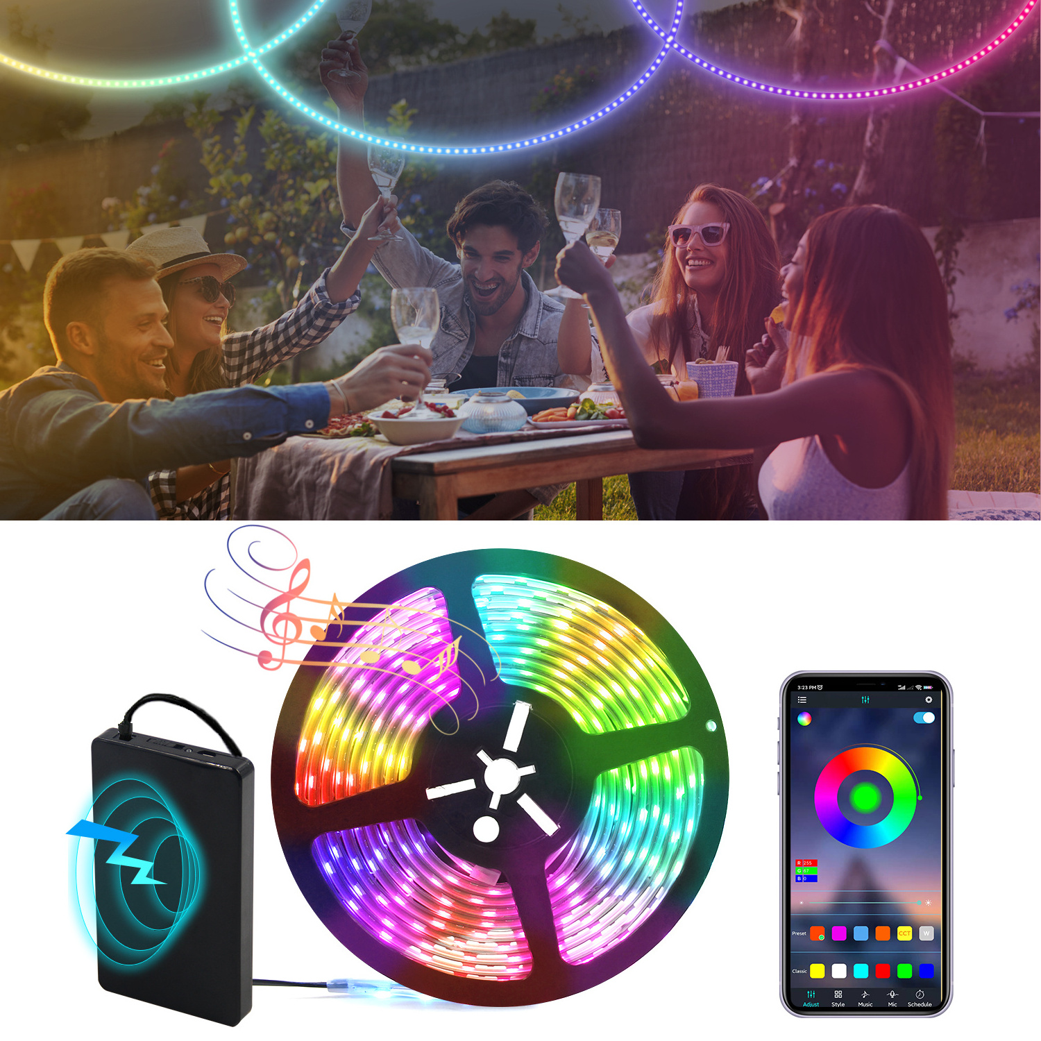 RGB LED Strip Lights IP65 LED Tape Light Sync Color Changing Strip Lights App Control RGB Strip with Rechargeable Power Bank