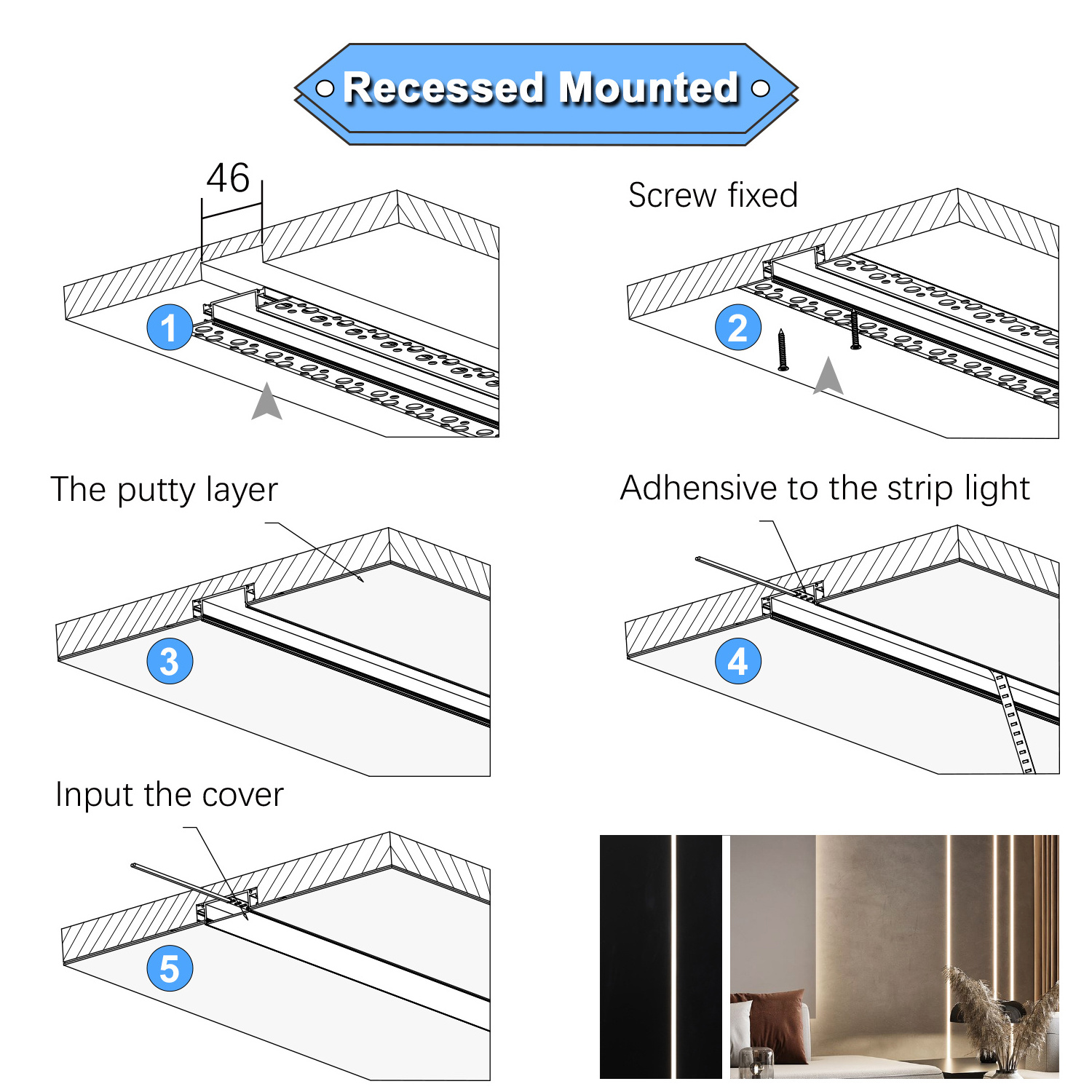 VST Ceiling LED Aluminium Profile  for LED Lighting Strips Recessed Mounted for Office Home  wall ceiling housing