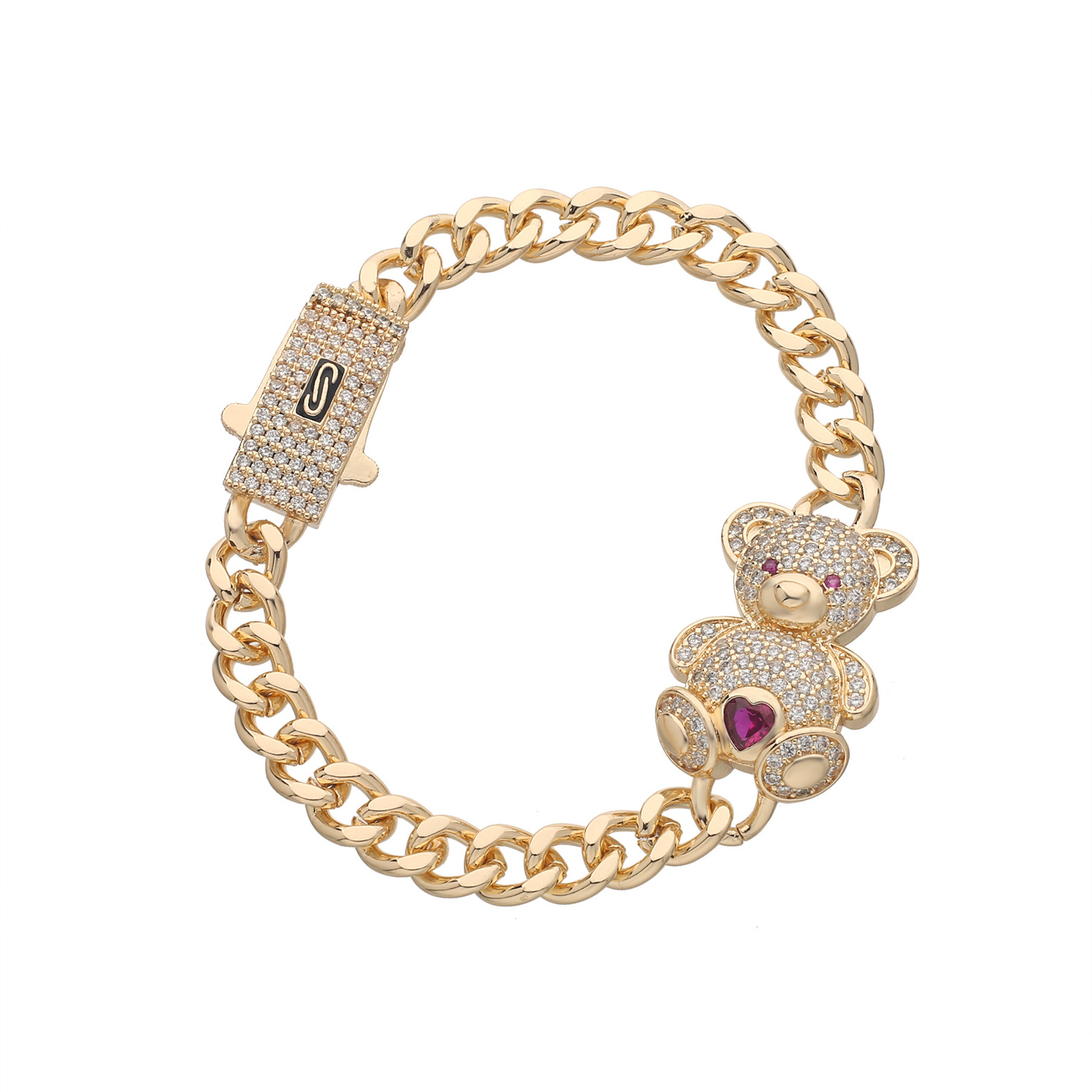 Personalized  Hip Hop 14k Gold Plated  Brass Pave CZ Bear Charm Bracelets For Women Jewelry