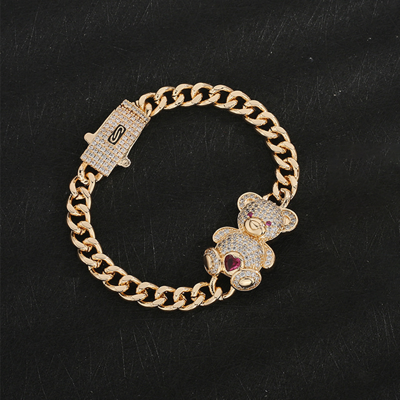 Personalized  Hip Hop 14k Gold Plated  Brass Pave CZ Bear Charm Bracelets For Women Jewelry