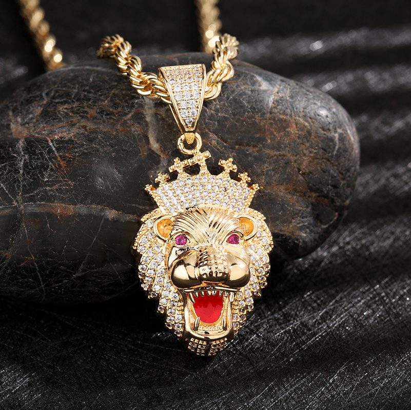 Lovely  Hip Hop 14k Gold Plated crown lion Moissanite Copper Pendants and Necklaces