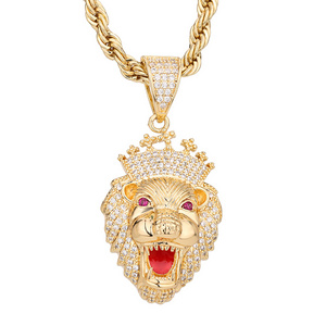 Lovely  Hip Hop 14k Gold Plated crown lion Moissanite Copper Pendants and Necklaces