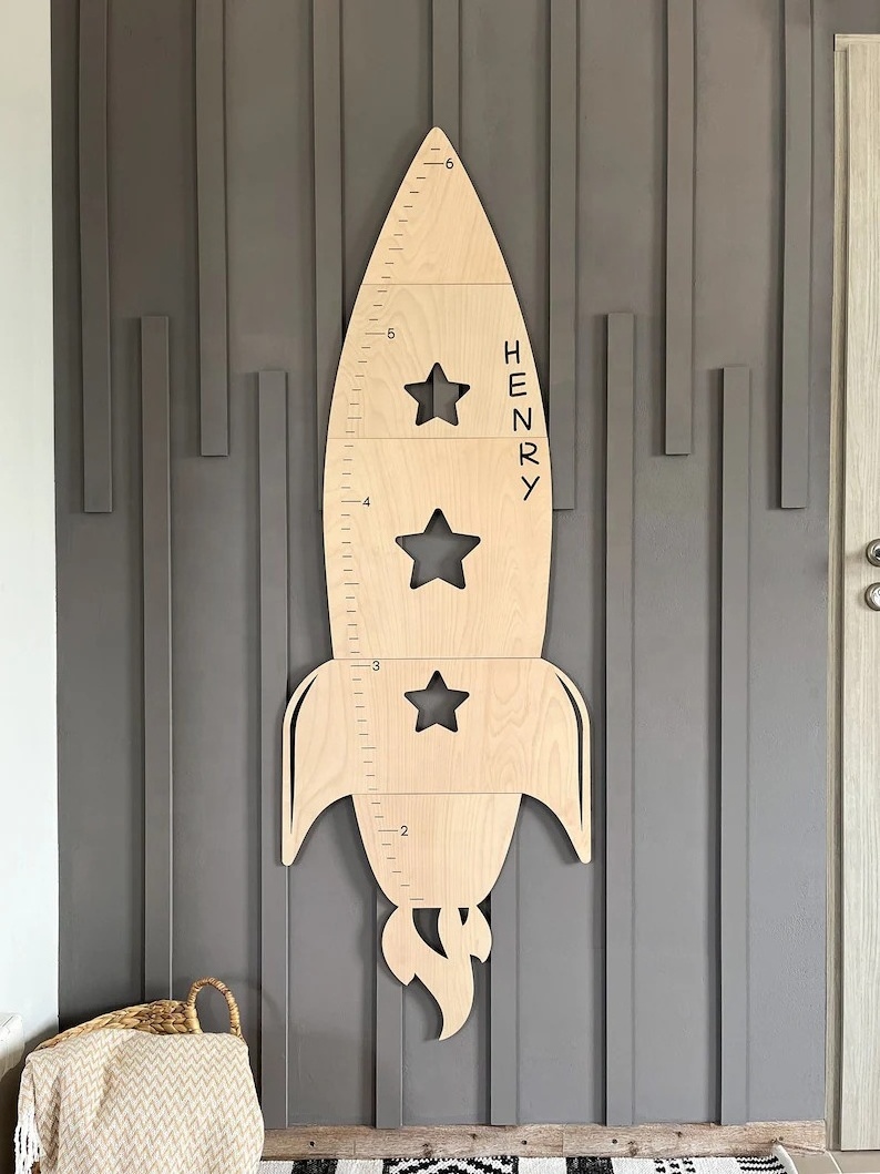 Rocket growth chart - personalized wooden height chart, space nursery decoration