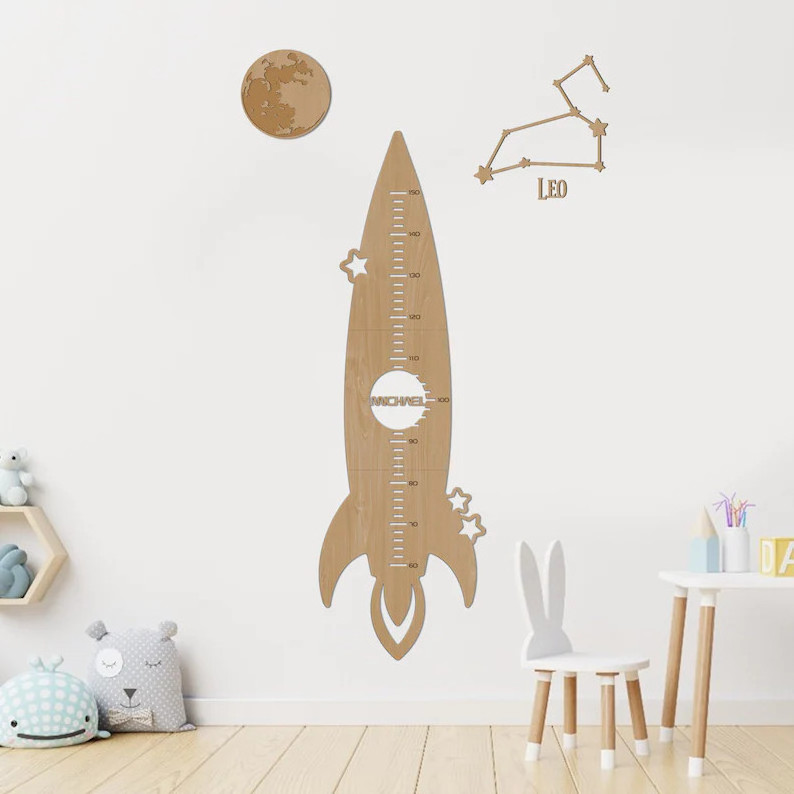 Rocket growth chart - personalized wooden height chart, space nursery decoration